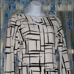 NEW Womens MADRAG White & Black Long Sleeve Cut Out Abstract Business Dress Sz L